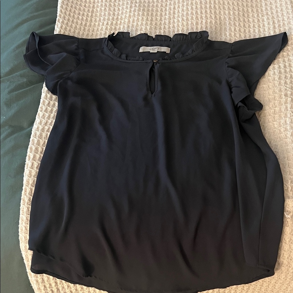 LOFT Ruffled Navy Blouse - Picture 2 of 4